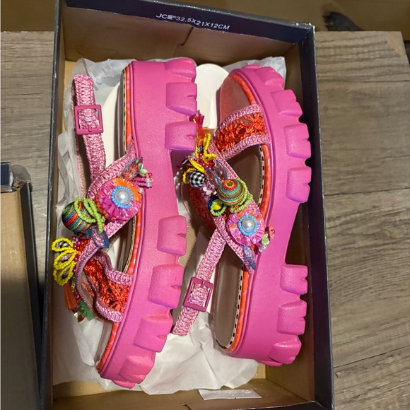 Betsey Johnson Colorful Charm Platform Sandals | Pink Multi Beaded | Size 8 - Picture 11 of 11